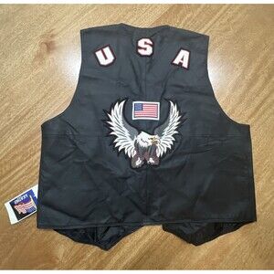 Leather Motorcycle Vest Men’s Eagle USA Flag Patch Logo Inside Pocket Biker 3XL